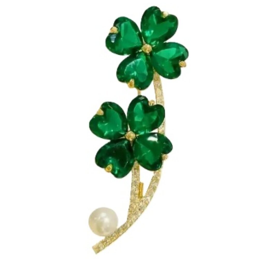 Gold Green and Rhinestone Four Leaf Clover Brooch